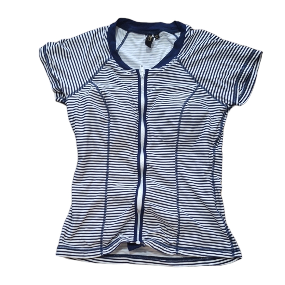 Bond-Eye Australia Blue & White Striped Full Zip Short Sleeved Rash Guard, Sz 4